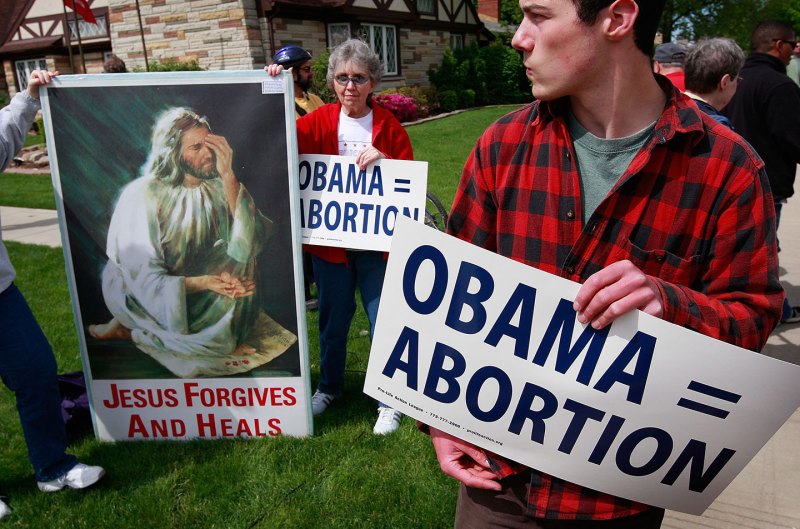 Anti-abortion activists demonstrate near Notre Dame University in May 2009.