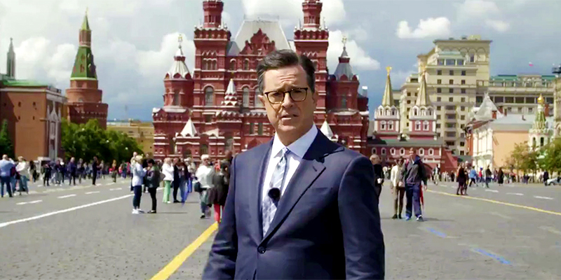 A still of Stephen Colbert during his trip to Russia in June 2017. (CBS)