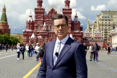 A still of Stephen Colbert during his trip to Russia in June 2017. (CBS)