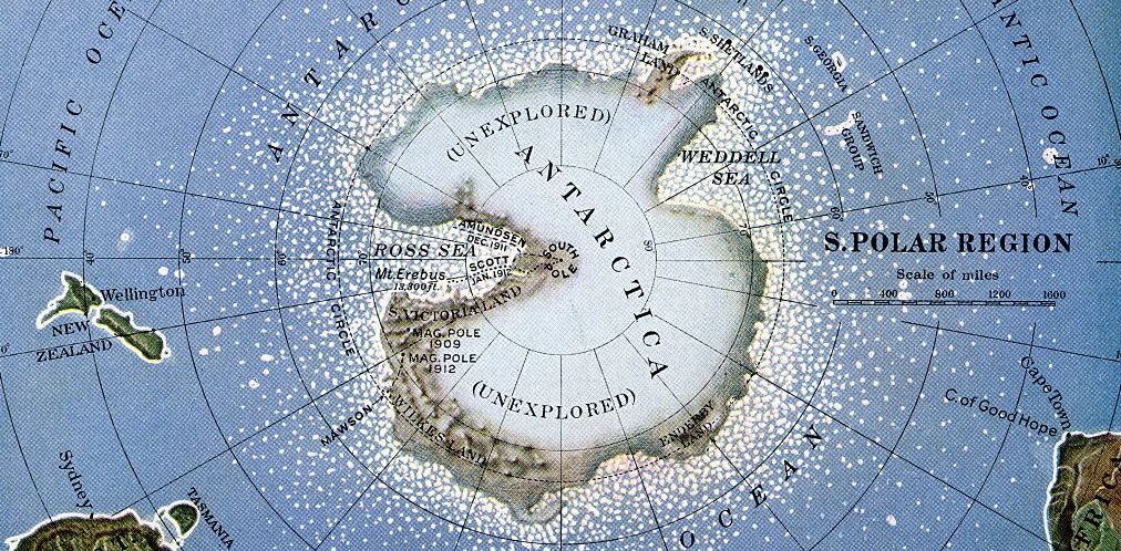 Vintage map of Amundsen and Scott's South Pole expedition routes; lithograph, 1925. (Photo by GraphicaArtis/Getty Images)