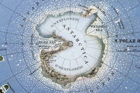 Vintage map of Amundsen and Scott's South Pole expedition routes; lithograph, 1925. (Photo by GraphicaArtis/Getty Images)