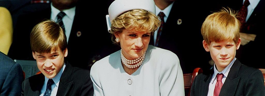 Princess Diana with her sons Prince William and Prince Harry attend the Heads of State VE Remembrance Service in Hyde Park on May 7, 1995 in London, England. (Photo by Anwar Hussein/Getty Images)