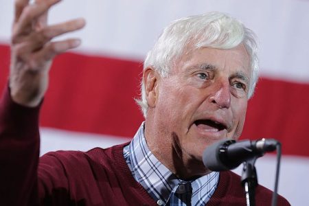 Former Indiana University basketball coach Bobby Knight introduces Republican presidential nominee Donald Trump during a campaign rally at the Deltaplex Arena October 31, 2016 in Grand Rapids, Michigan. With just eight days until the election, polls show a slight tightening in the race.  (Photo by Chip Somodevilla/Getty Images)