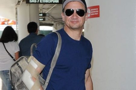 JULY 05: Jeremy Renner is seen at LAX with arm braces on July 05, 2017 in Los Angeles, California. (Photo by LAXPICS/Bauer-Griffin/GC Images)