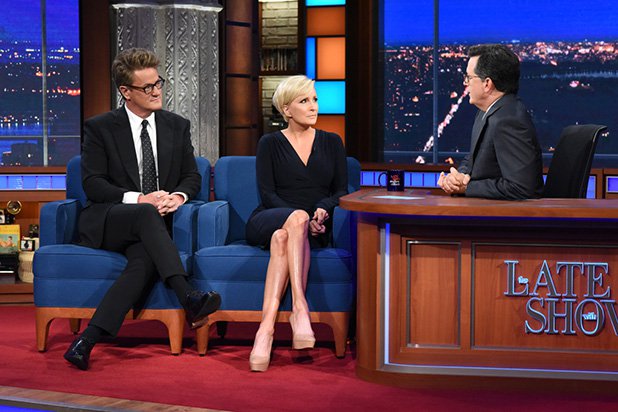 Joe Scarborough and Mika Brzezinski appear on the 'Late Show' with Stephen Colbert, July 11, 2017. (CBS)