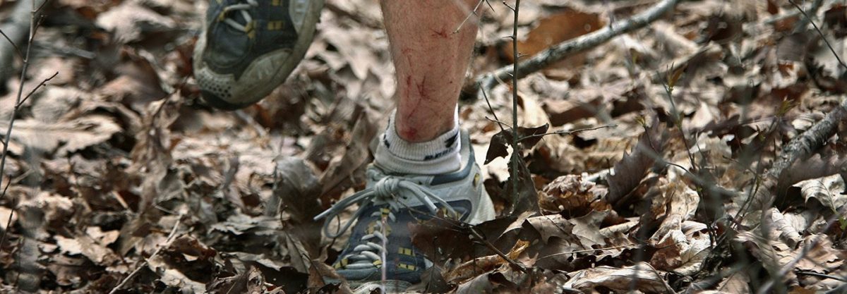 The Barkley Marathon. Here, the legs of Jim Nelson are cut and bleeding from the thorns of the sawbreyer bushes throughout the course. Photographed March 31, 2007 in Frozen Head Lake State Park in Tennessee.