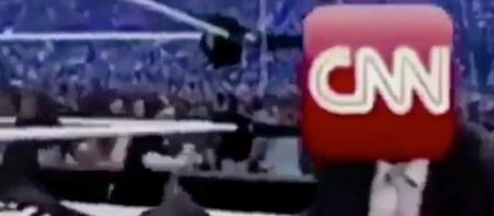 A still image from the doctored video depicting President Trump tackling CNN. (Screenshot)