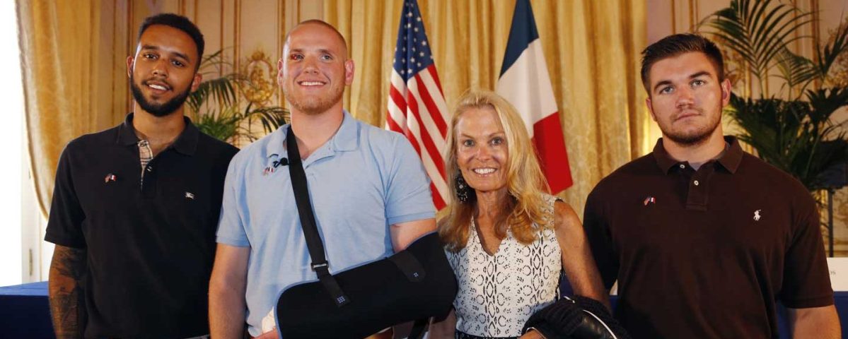 Off-duty US servicemen Anthony Sadler (L), Spencer Stone (2nd L), Alek Skarlatos (R) and US ambassador to France Jane Hartley (2nd R) pose after a press conference at the US embassy in Paris on August 23, 2015, two days after 25-year-old Moroccan Ayoub El-Khazzani opened fire on a Thalys train traveling from Amsterdam to Paris, injuring two people before being tackled by several passengers including off-duty American servicemen. (Thomas Samson/AFP/Getty Images)
