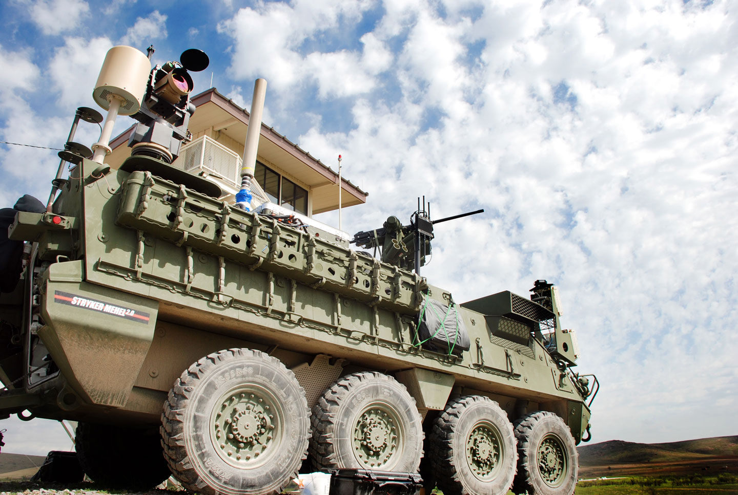A 5 kilowatt laser sits on a Stryker armored vehicles called the Mobile Expeditionary High Enegry Laser (MEHEL), during the Maneuver Fires Integrated Experiment (MFIX) at Fort Sill, April 5. (Monica K. Guthrie/U.S. Army)
