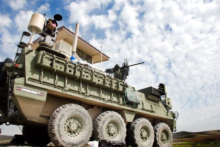 A 5 kilowatt laser sits on a Stryker armored vehicles called the Mobile Expeditionary High Enegry Laser (MEHEL), during the Maneuver Fires Integrated Experiment (MFIX) at Fort Sill, April 5. (Monica K. Guthrie/U.S. Army)