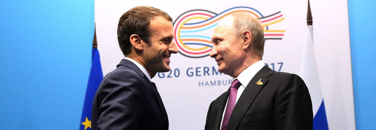 French President Emmanuel Macron (L) and Russian President Vladimir Putin meet during the G20 Summit on July 8, 2017 in Hamburg, Germany. The leaders were reportedly to talk the about climate change and issues surrounding the Ukraine. (Photo by Mikhail Svetlov/Getty Images)