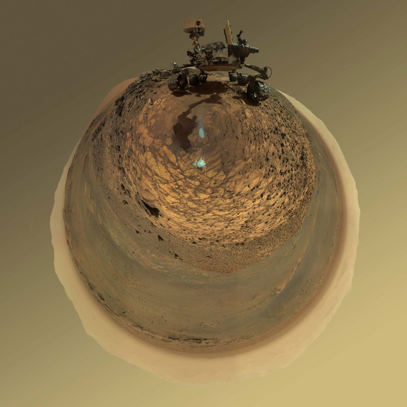 This version of a self-portrait of NASA's Curiosity Mars rover at a drilling site called "Buckskin" on lower Mount Sharp is presented as a stereographic projection, which shows the horizon as a circle. (NASA)