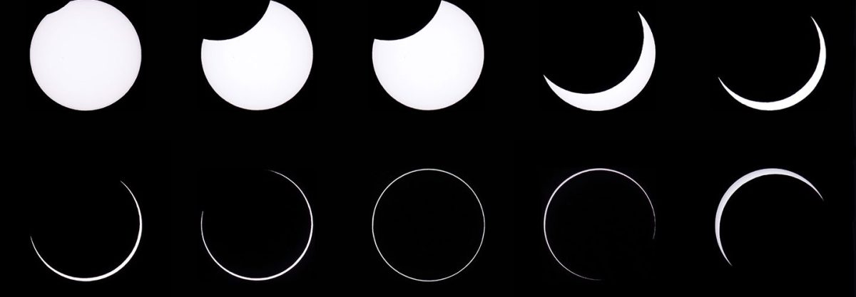 This combination of photos shows an annular solar eclipse, as seen from the Estancia El Muster, near Sarmiento, Chubut province, 1600 kilometres south of Buenos Aires on February 26, 2017.