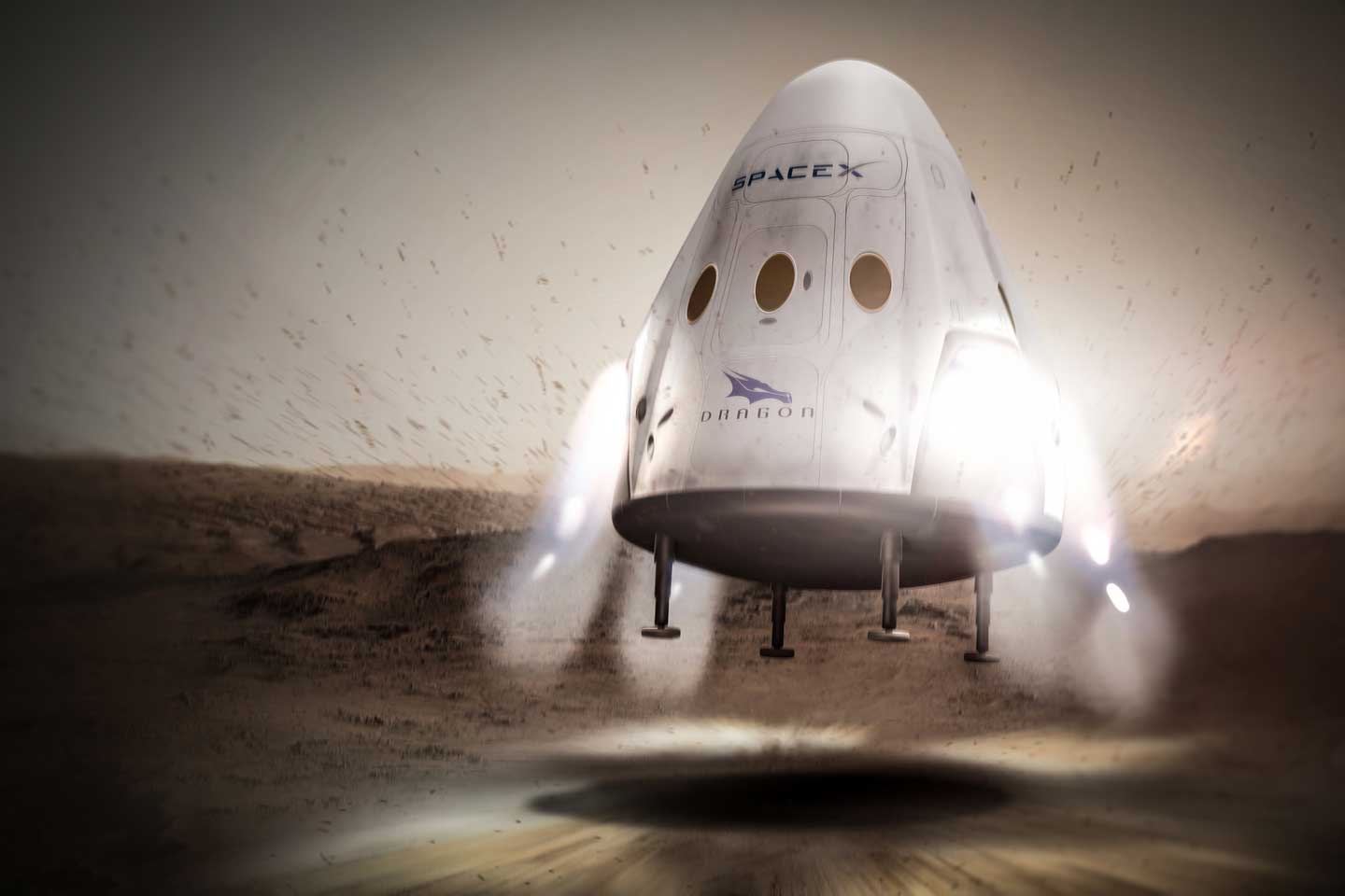 Concept art of Musk's original Red Dragon plan, using thrusters to land on Mars. (SpaceX)