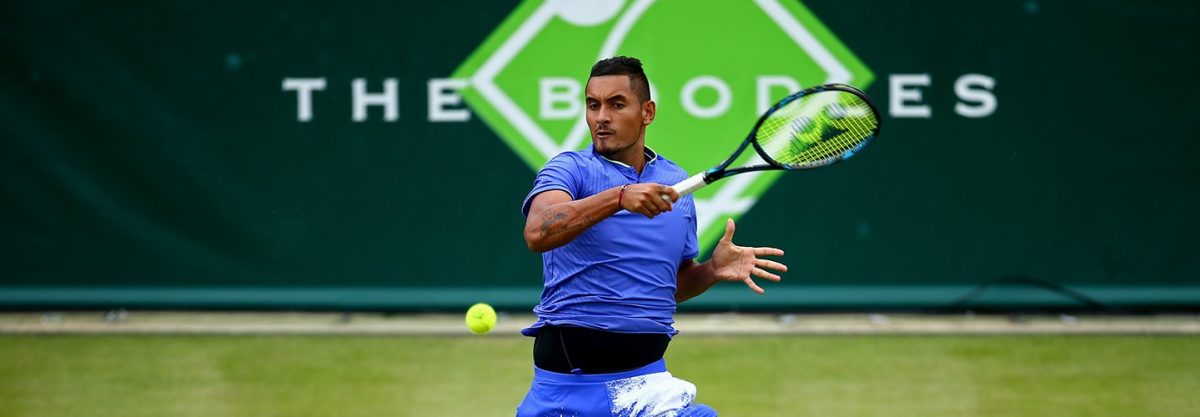 Nick Kyrgios of Australia plays a forehand during his tennis match against Viktor Troicki of Serbia during day four of The Boodles Tennis Event at Stoke Park on June 30, 2017 in Stoke Poges, England.