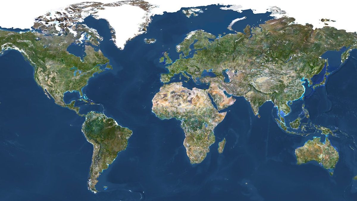 True color satellite image of the whole Earth with country borders.