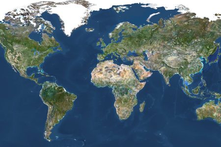 True color satellite image of the whole Earth with country borders.