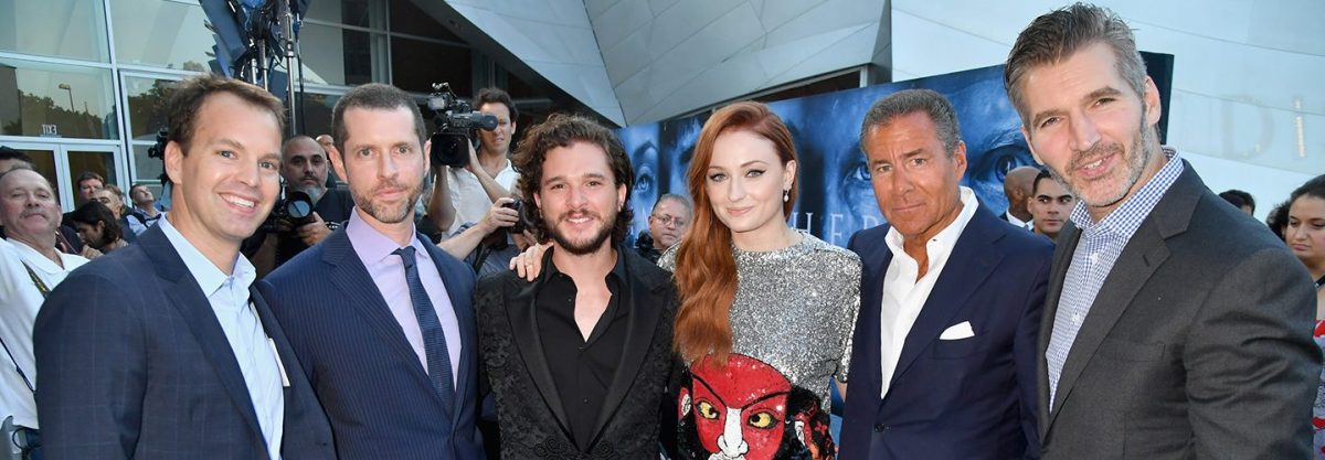 LOS ANGELES, CA - JULY 12: (L-R) President of HBO Programming Casey Bloys, executive producer D. B. Weiss, actors Kit Harrington, Sophie Turner, Chairman and Chief Executive Officer of HBO Richard Plepler and executive producer David Benioff at the Los Angeles Premiere for the seventh season of HBO's "Game Of Thrones" at Walt Disney Concert Hall on July 12, 2017 in Los Angeles, California.