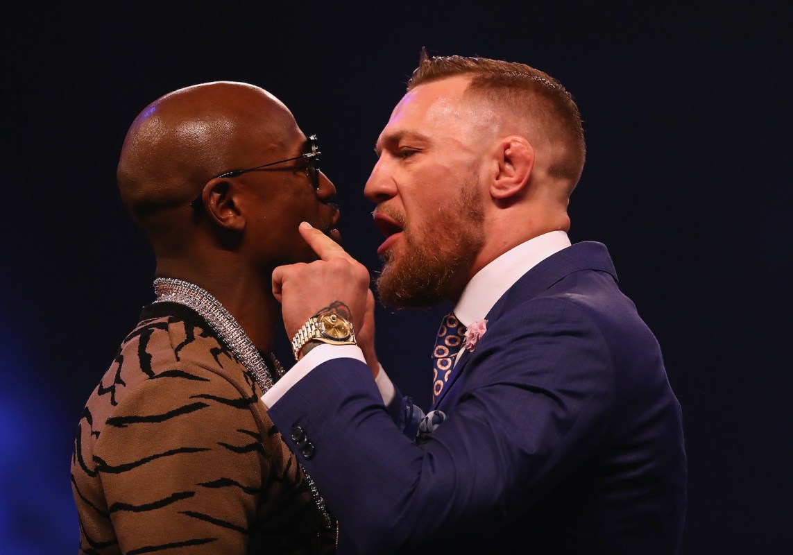 Floyd Mayweather Jr. and Conor McGregor at London's SSE Arena on July 14, 2017. (Matthew Lewis/Getty Images)