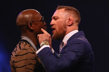 Floyd Mayweather Jr. and Conor McGregor at London's SSE Arena on July 14, 2017. (Matthew Lewis/Getty Images)