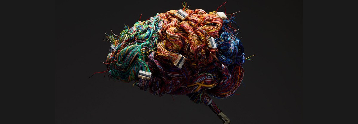 A model of the human brain constructed of wires and ports. (Getty)