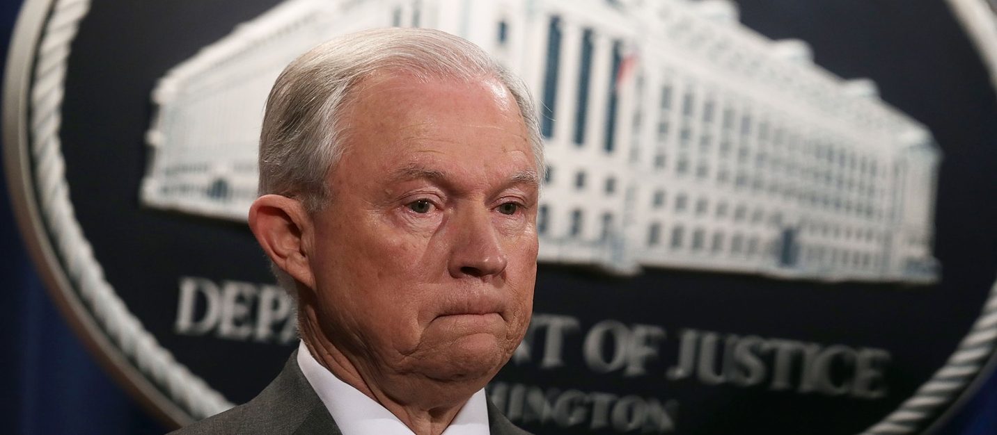 Attorney General Jeff Sessions pauses during an event at the Justice Department August 4, 2017 in Washington, DC. (Photo by Alex Wong/Getty Images)