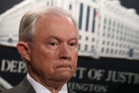 Attorney General Jeff Sessions pauses during an event at the Justice Department August 4, 2017 in Washington, DC.  (Photo by Alex Wong/Getty Images)