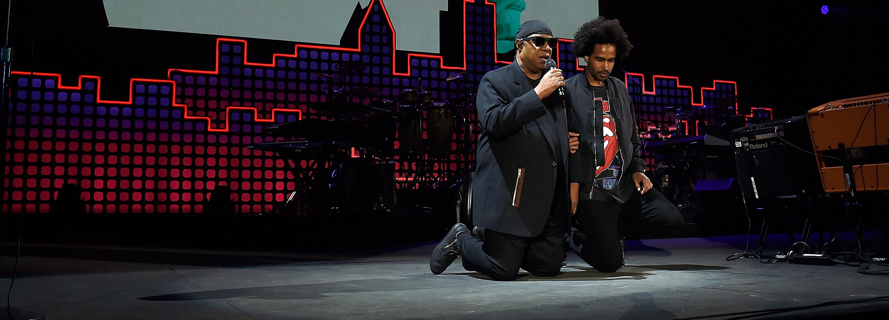 Stevie Wonder and Kwame Morris perform onstage during the 2017 Global Citizen Festival: For Freedom. For Justice. For All. in Central Park on September 23, 2017 in New York City.  (Photo by Kevin Mazur/Getty Images for Global Citizen)