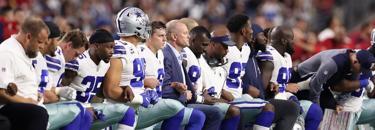 Dallas Cowboys Jerry Jones owner says player who kneel during anthem won't play.