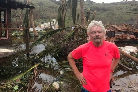 Richard Branson stands in front of the staff village on Necker Island following the devastation from Hurricane Irma. (Image Virgin.com)