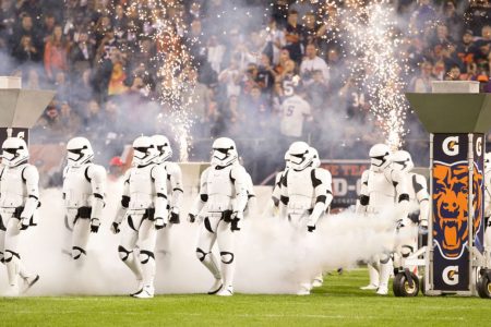 Storm troopers take the field during a special halftime showing of the new Star Wars movie Star Wars: The Last Jedi at Soldier Field during the game between the Chicago Bears and the Minnesota Vikings on October 9, 2017 in Chicago, Illinois. (Photo by Kena Krutsinger/Getty Images)