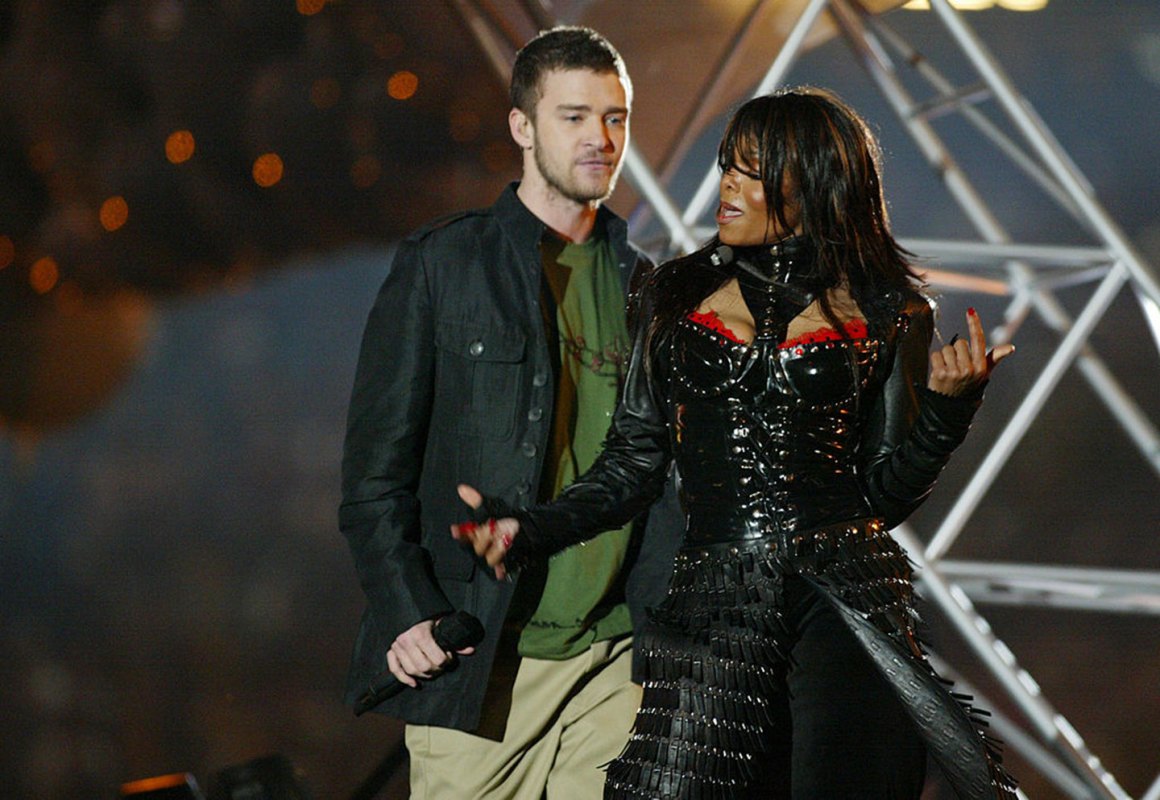 Justin Timberlake and Janet Jackson perform during the half - time show at Super Bowl XXXVIII (Photo by J. Shearer/WireImage)