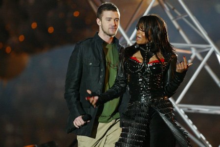 Justin Timberlake and Janet Jackson perform during the half - time show at Super Bowl XXXVIII (Photo by J. Shearer/WireImage)