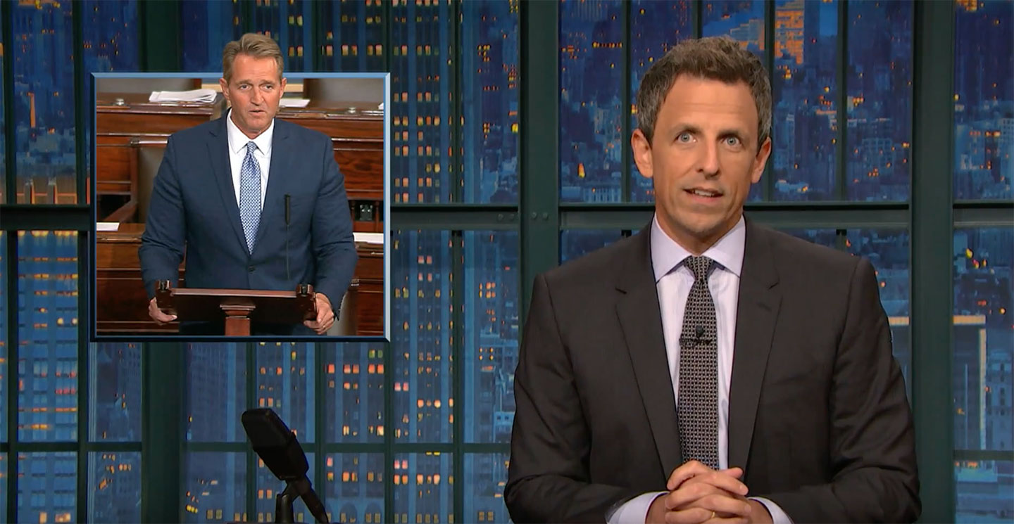 Seth Meyers slams Republican senator Jeff Flake on October 24, 2017. (YouTube/NBC)