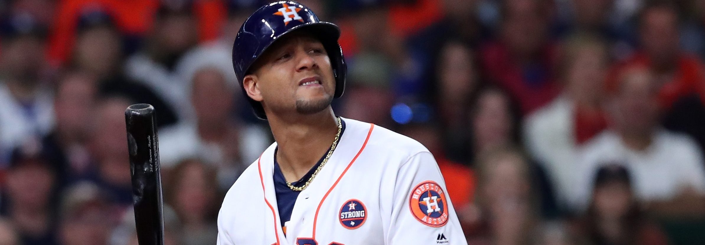 Yuli Gurriel #10 of the Houston Astros reacts after striking out during the fifth inning against the Los Angeles Dodgers in game four of the 2017 World Series at Minute Maid Park on October 28, 2017 in Houston, Texas. (Photo by Tom Pennington/Getty Images)