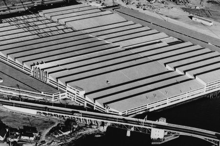 Aerial view of Boeing Aircraft Co., plant at Seattle, Washington  June 18, 1941, nine-tenths of this 42-acre development was added during the year ending May 1941. At extreme left may be seen part of the four-story building housing engineering and production departments. (AP Photo)