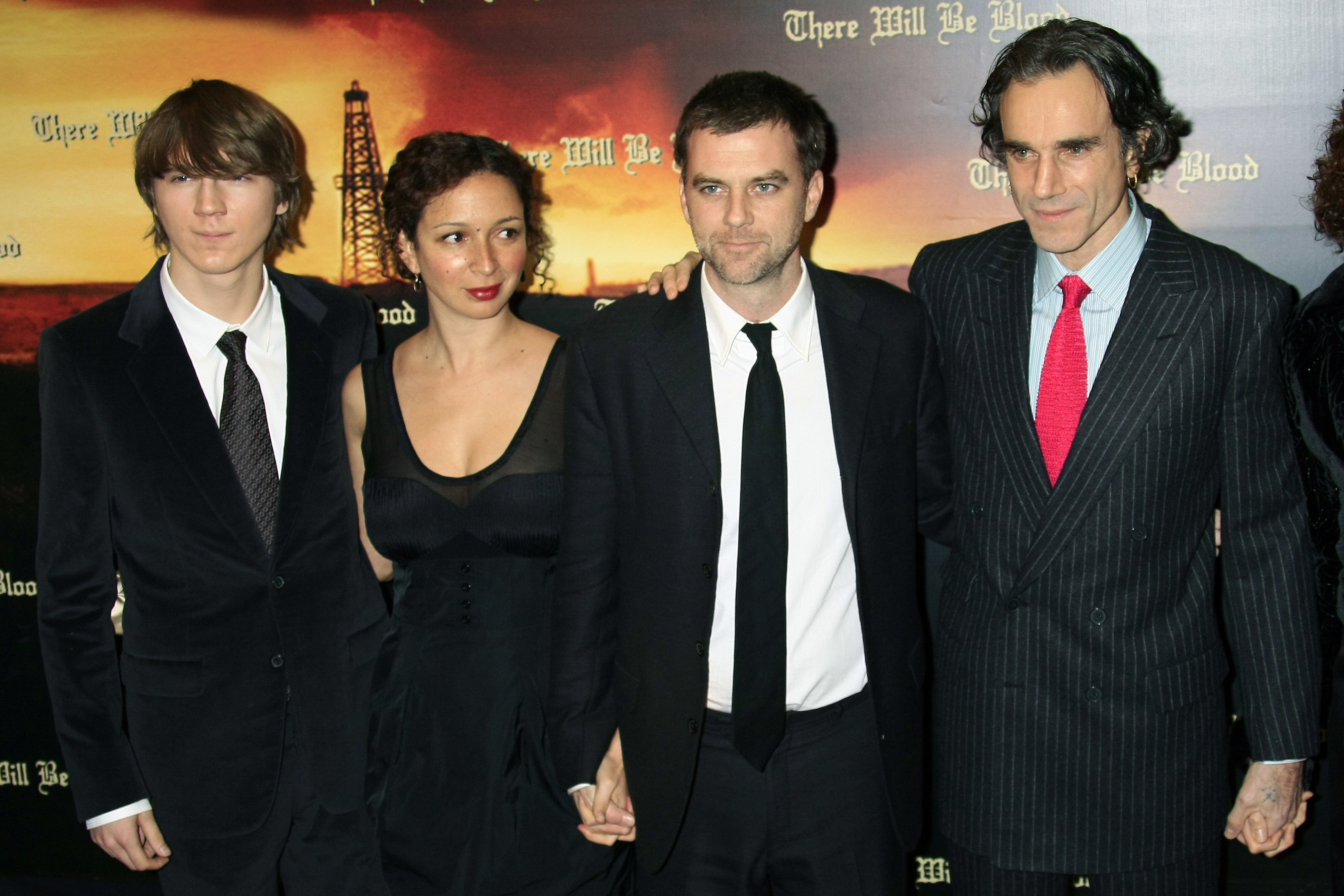Director Paul Thomas Anderson and cast members Daniel Day Lewis and Paul Dano attend the premiere of "There will be blood" in Paris. (Photo by Eddy LEMAISTRE/Corbis via Getty Images)