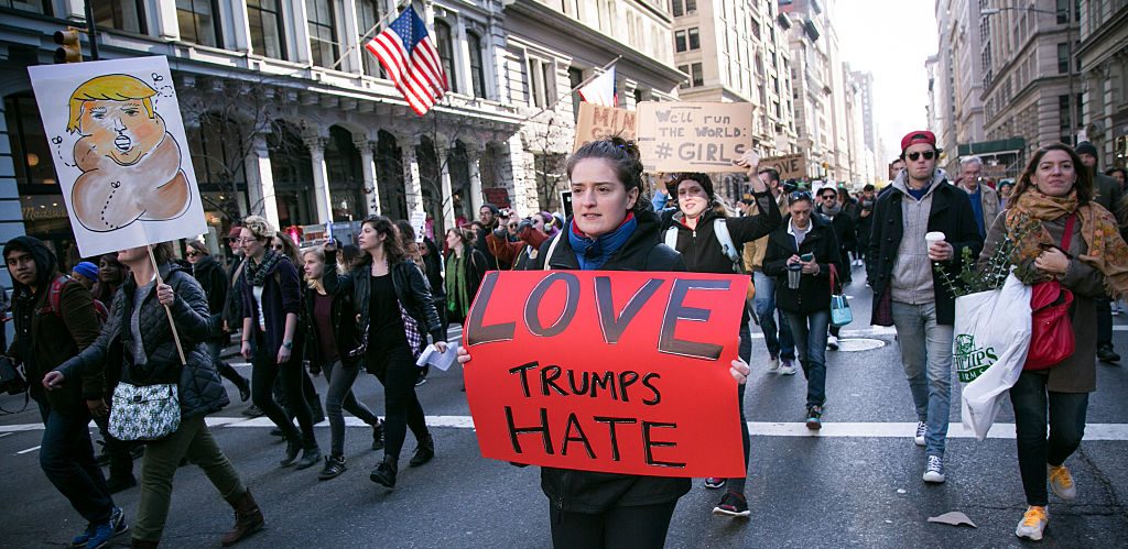 Thousands of anti-Donald Trump protesters, including many pro-immigrant groups, hold a demonstration in New York city along Union Square at 12 p.m. on Saturday, November 14, 2016. Participants marched to Trump Tower where they were met by an ever growing crowd. New Yorkers react to the election of Donald Trump as President of the United States.(Photo by Karla Ann Cote/NurPhoto via Getty Images)