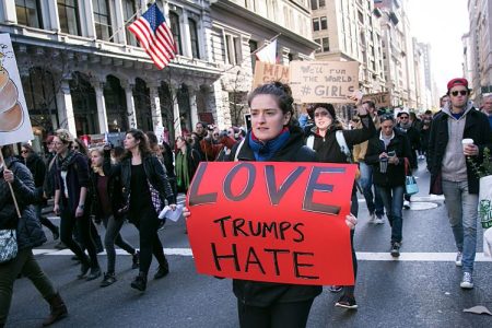 Thousands of anti-Donald Trump protesters, including many pro-immigrant groups, hold a demonstration in New York city along Union Square at 12 p.m. on Saturday, November 14, 2016. Participants marched to Trump Tower where they were met by an ever growing crowd. New Yorkers react to the election of Donald Trump as President of the United States.(Photo by Karla Ann Cote/NurPhoto via Getty Images)