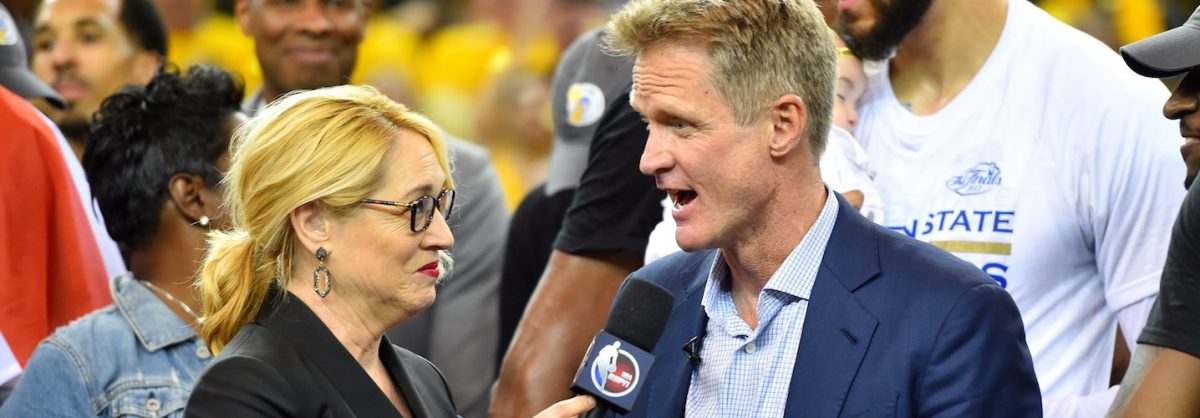 OAKLAND, CA - JUNE 12: Steve Kerr of the Golden State Warriors talks with ESPN reporter Doris Burke after their victory against the Cleveland Cavaliers in Game Five of the 2017 NBA Finals on June 12, 2017 at ORACLE Arena in Oakland, California. NOTE TO USER: User expressly acknowledges and agrees that, by downloading and or using this photograph, user is consenting to the terms and conditions of Getty Images License Agreement. Mandatory Copyright Notice: Copyright 2017 NBAE (Photo by Jesse D. Garrabrant/NBAE via Getty Images)