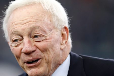 Dallas Cowboys owner Jerry Jones stands on the field during warmups before the football game against the Los Angeles Chargers at AT&T Stadium on November 23, 2017 in Arlington, Texas.  (Photo by Wesley Hitt/Getty Images)
