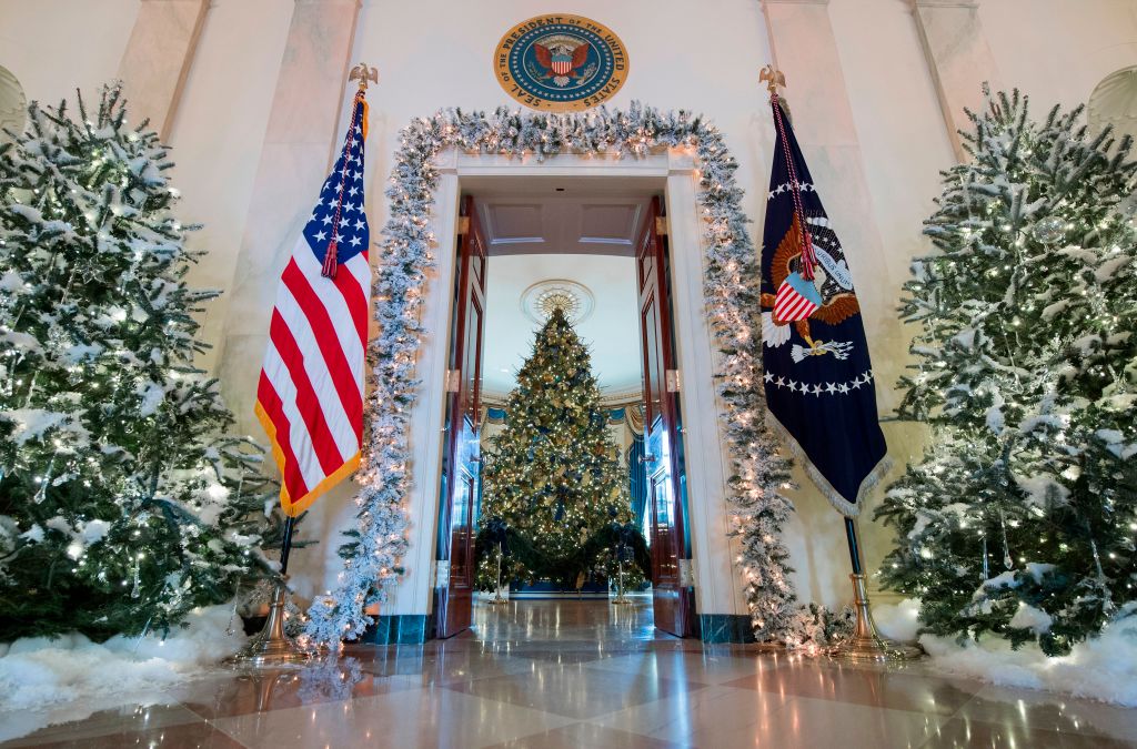 Christmas trees are seen during a preview of holiday decorations in the Grand Foyer of the White House in Washington, DC, November 27, 2017. / AFP PHOTO / SAUL LOEB        (Photo credit should read SAUL LOEB/AFP/Getty Images)