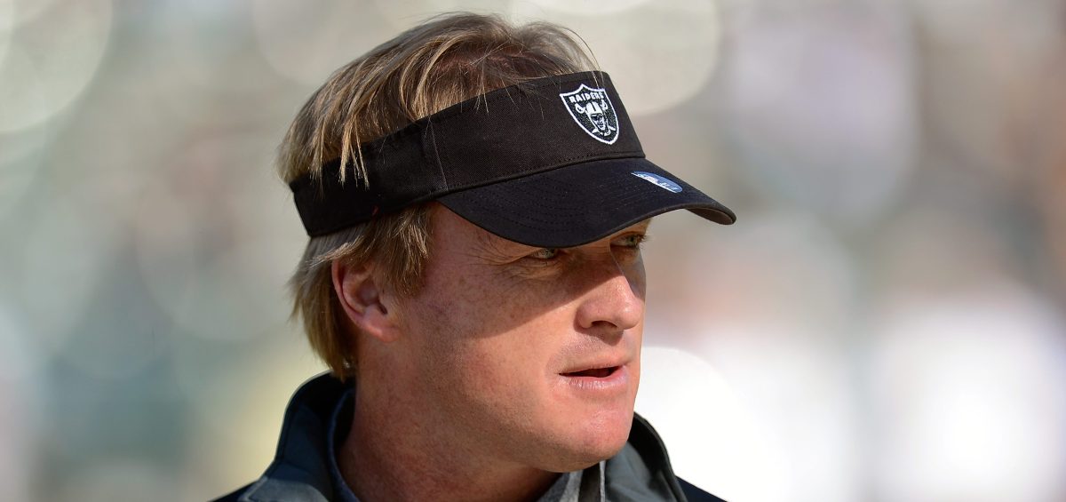  Former head coach of the Oakland Raiders and now ESPN Monday Night Football Analyst Jon Gruden looks on during pre-game warm ups before an NFL football game between the New Orleans Saints and Oakland Raiders at O.co Coliseum on November 18, 2012 in Oakland, California.  (Photo by Thearon W. Henderson/Getty Images)