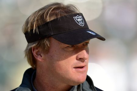  Former head coach of the Oakland Raiders and now ESPN Monday Night Football Analyst Jon Gruden looks on during pre-game warm ups before an NFL football game between the New Orleans Saints and Oakland Raiders at O.co Coliseum on November 18, 2012 in Oakland, California.  (Photo by Thearon W. Henderson/Getty Images)