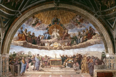 The disputation of the Holy sacrament, by Italian painter Raffaello Sanzio a.k.a Raphael 1483 - 1520. Fresco, 550 x 770 cm, 1509e1511. Stanza della Segnatura, Apostolic Palace, Vatican City Italy. (Photo by: Leemage/UIG via Getty Images)