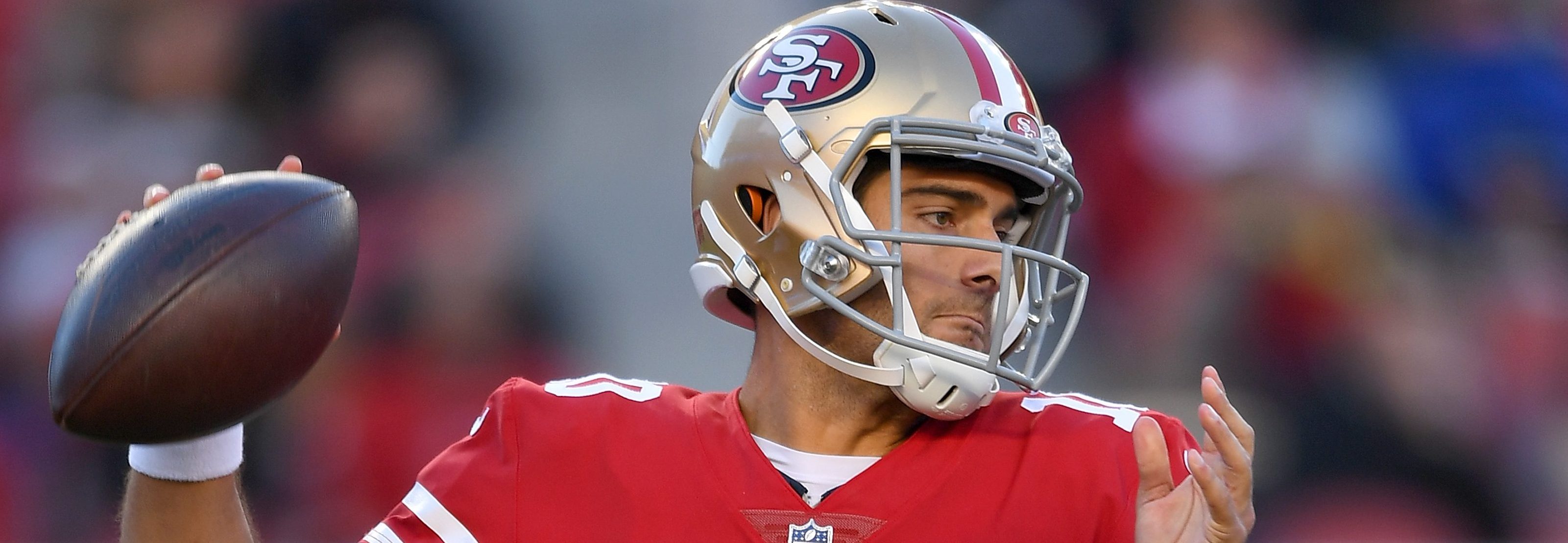 Jimmy Garoppolo #10 of the San Francisco 49ers drops back to pass against the Tennessee Titans during their NFL football game at Levi's Stadium on December 17, 2017 in Santa Clara, California. (Photo by Thearon W. Henderson/Getty Images)