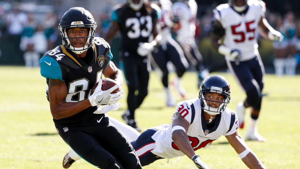 Wide Receiver Keelan Cole #84 of the Jacksonville Jaguars makes a catch over Cornerback Kevin Johnson #30 of the Houston Texans during the game at EverBank Field on December 17, 2017 in Jacksonville, Florida. (Don Juan Moore/Getty Images)