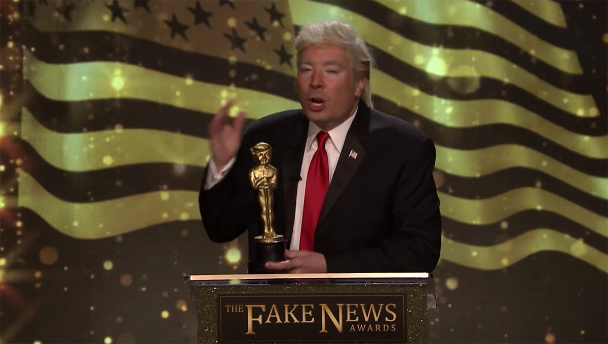 Jimmy Fallon as President Trump presenting "The Fake News Awards." (NBC/YouTube)