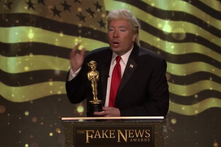 Jimmy Fallon as President Trump presenting "The Fake News Awards." (NBC/YouTube)