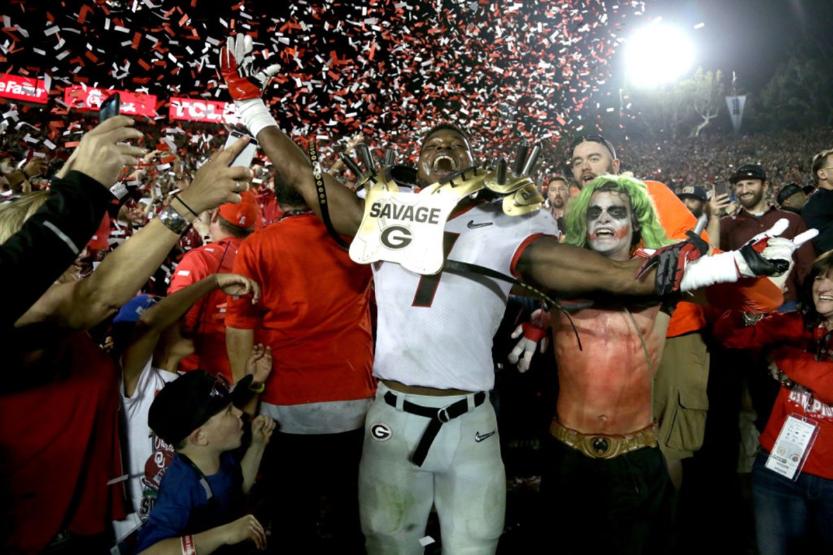 Lorenzo Carter #7 of the Georgia Bulldogs celebrates after the Georgia Bulldogs beat the Oklahoma Sooners 54-48 in the 2018 College Football Playoff Semifinal Game at the Rose Bowl Game presented by Northwestern Mutual at the Rose Bowl on January 1, 2018 in Pasadena, California. (Photo by Jeff Gross/Getty Images)